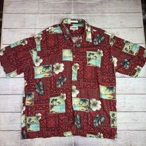 Campia Mens Sz 2XL Button Up Shirt Red Hawaiian Short Sleeve Rayon Tiki Tropical
